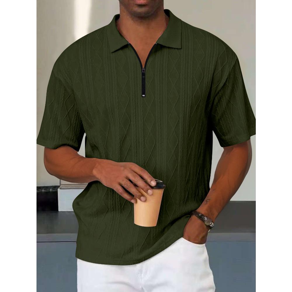 

Retro Loose Texture Knitted Polo Shirt Men s Summer Lapel T-shirt Breathable Zipper Short Sleeves XXXL армия зеленый