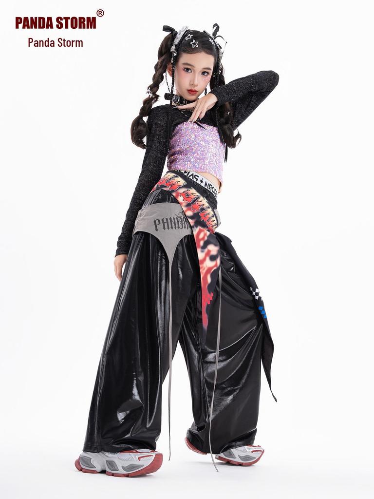 Mädchen Jazz Dance Pailletten Trägerloses Kostüm Set mit Langen Ärmeln und Hose