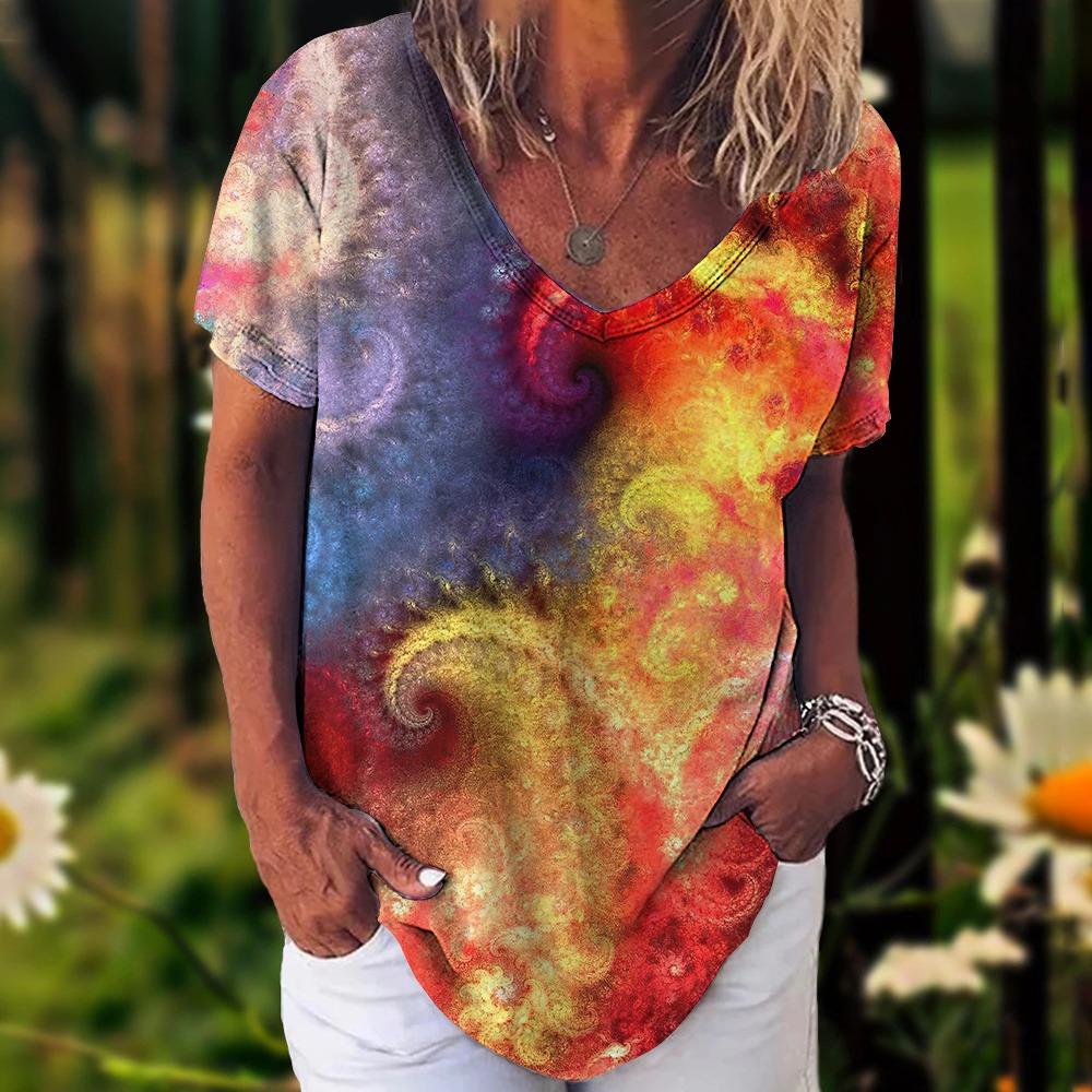 Summer Women's T-Shirt Bohemia Ethnic Style Short Sleeve Tees Fashion V-neck Loose Tops Daily
