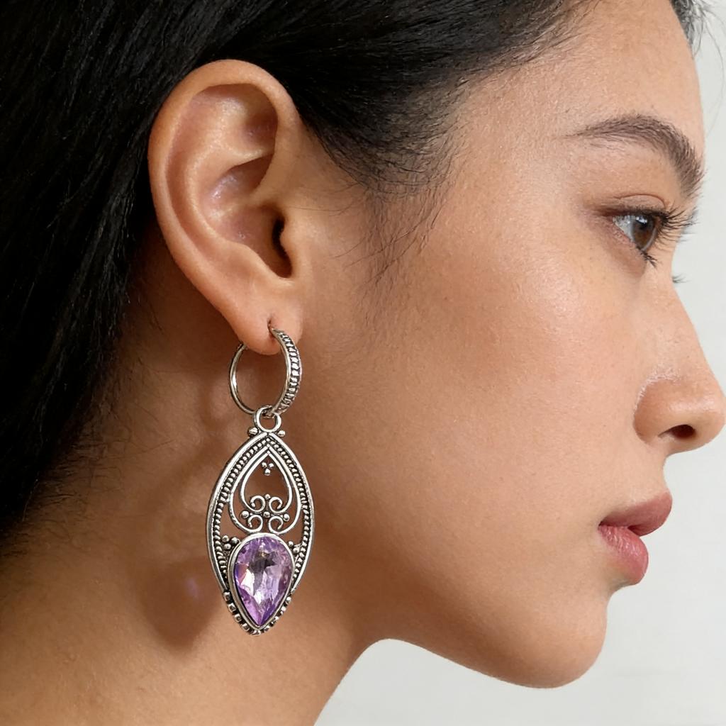 Vintage Hollowed Hand Carved Purple Synthetic Zirconia Dangle Earrings for Women Exquisite Gorgeous Banquet Jewelry Accessories