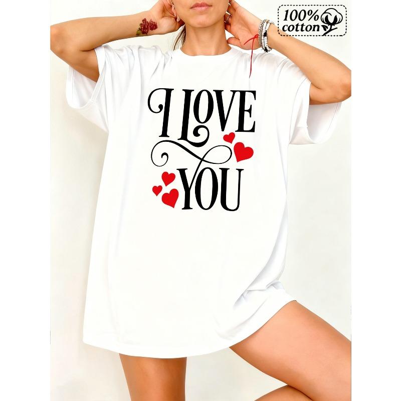 

European Size Fashion Women T Shirt White Front Print I Love You with Hearts Design Comfortable Casual Wear for Valentine Day And Everyday Style 4XL білий