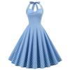Vintage polka dot halter-neck, open-back, tie-front, slimming, figure-hugging, cinched waist, full-skirted midi dress for women