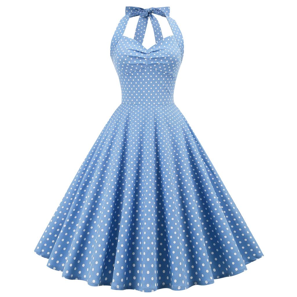 Vintage polka dot halter-neck, open-back, tie-front, slimming, figure-hugging, cinched waist, full-skirted midi dress for women