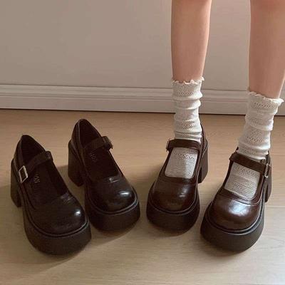 Thick Bottom  High Heels Women's 2025 Spring Autumn Shallow Ruched Preppy Style Student Shoes Leather Shoes