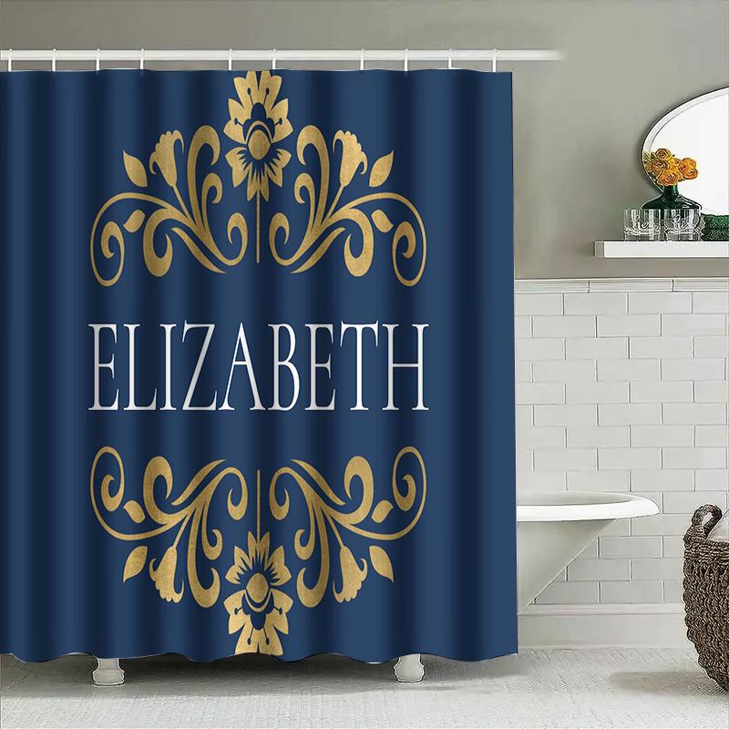 Luxury Printed Custom Name Bath Shower Curtain with Blue Golden Floral Design Personalized Decor for Home Bathroom ELIZABETH