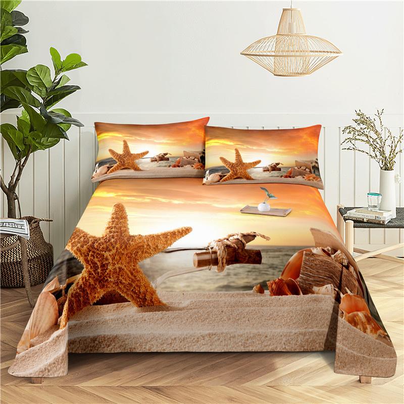 2/3Pcs Beach Bedding Sheet Home Digital Printing Polyester Bed Flat Sheet With Pillowcase Print Bed Sheet