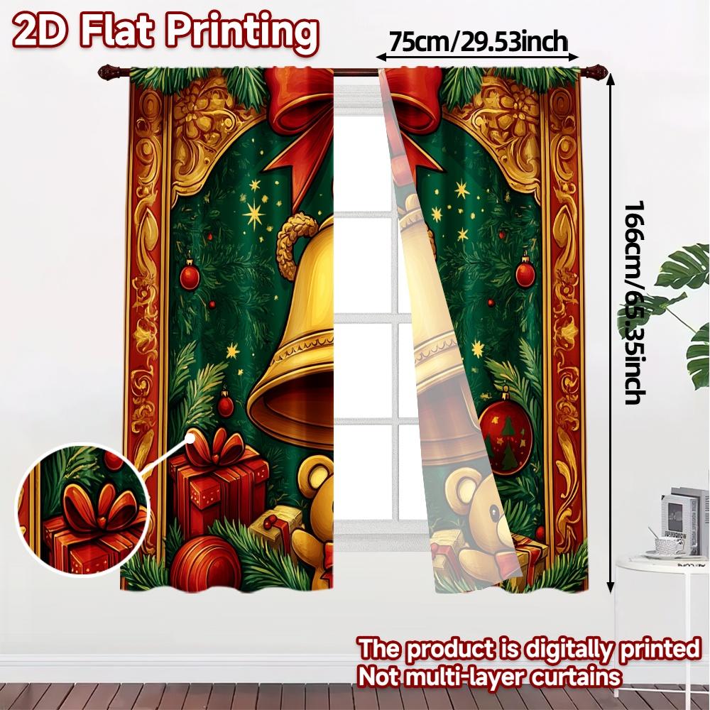 2pcs,Curtains Christmas Bell Teddy Bear Gifts (2) Chic Pattern Curtains Polyester Easy Install Curtains Decorations Suitable for