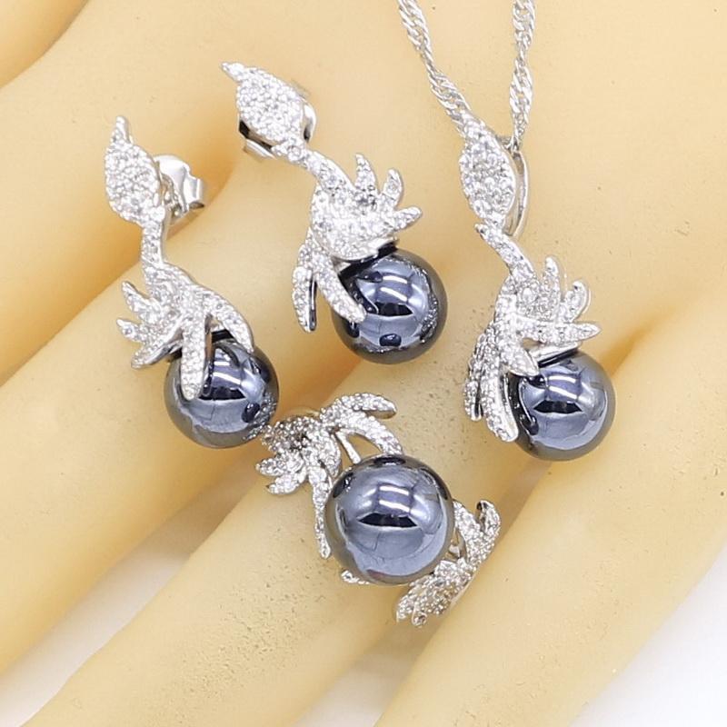 Schwarze Perle Hochzeitsschmucksets für Frauen Ohrringe Halskette Anhänger Ring Zirkonia Armband Geburtstagsgeschenk