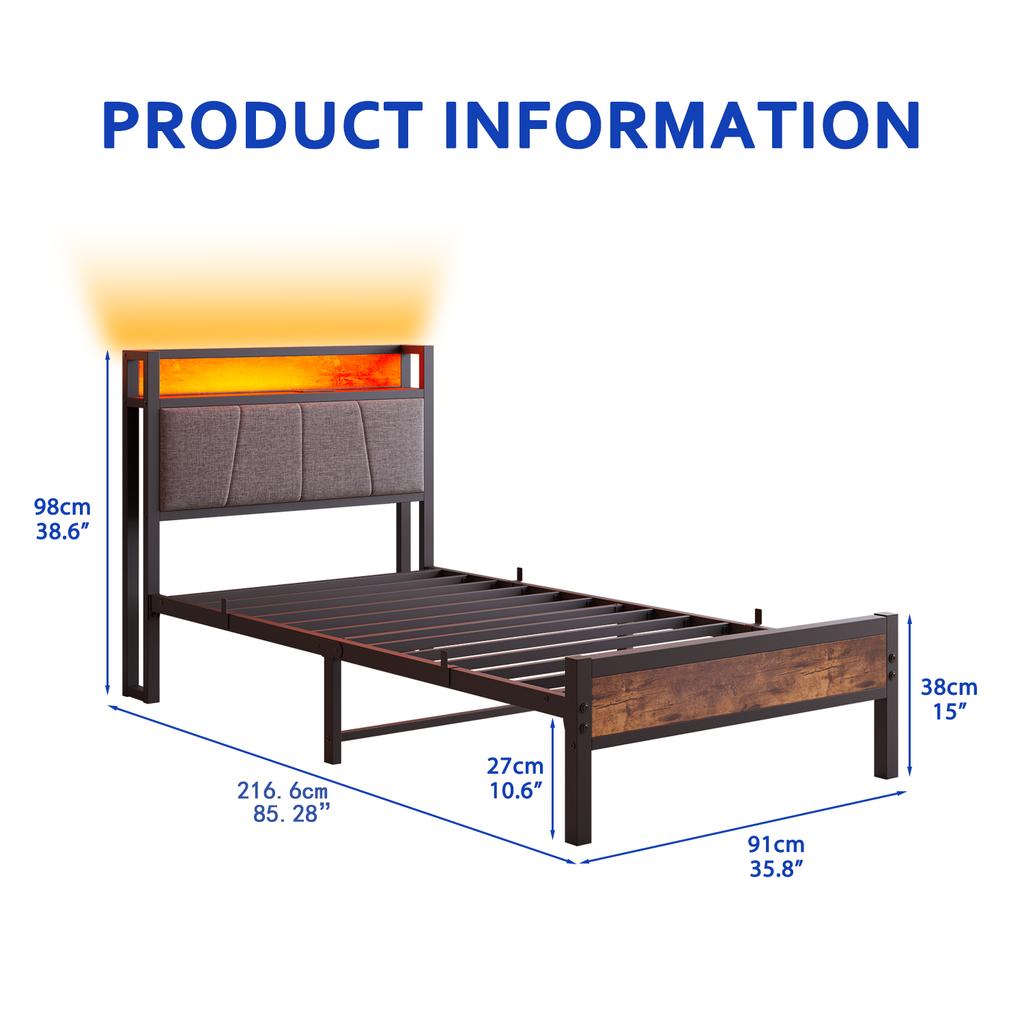 90x200cm bed frame with LED lights, storage headboard with USB charging, heavy duty metal slat support, noise-free, assembly, no box spring required
