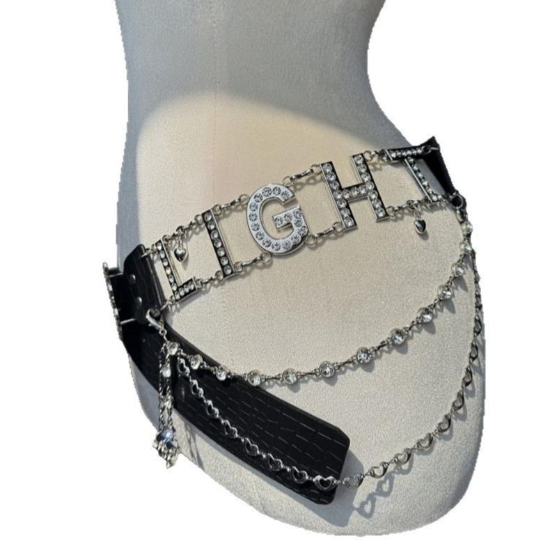 2000s Letter Waist Chain Sparkling Rhinestones Belt PU Leather Accessory For Women Fashion