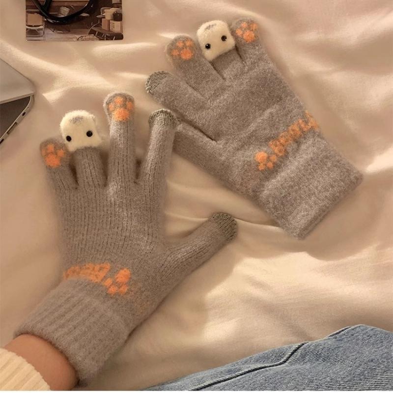Cute Plush Gloves New Winter Thick and Warm Touchable Screen Knitted Yarn Cycling Cold Proof Gloves Targeting Students in Winter