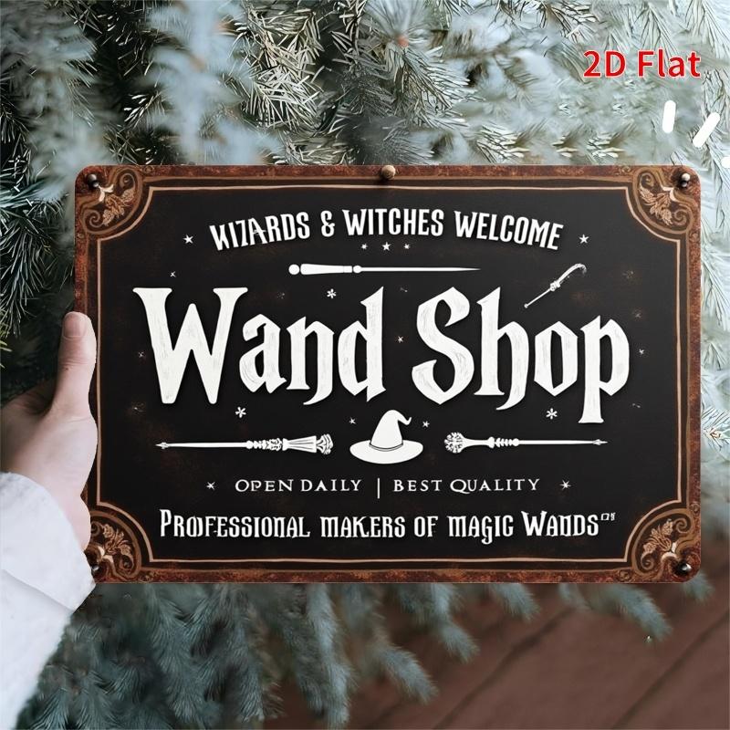

Wand Shop Metal Sign Whimsical Wizard Witch Welcome Design with Stars Broomsticks Potions Rustic Wall Art for Home 20x30cm（7.8x11.8inch）