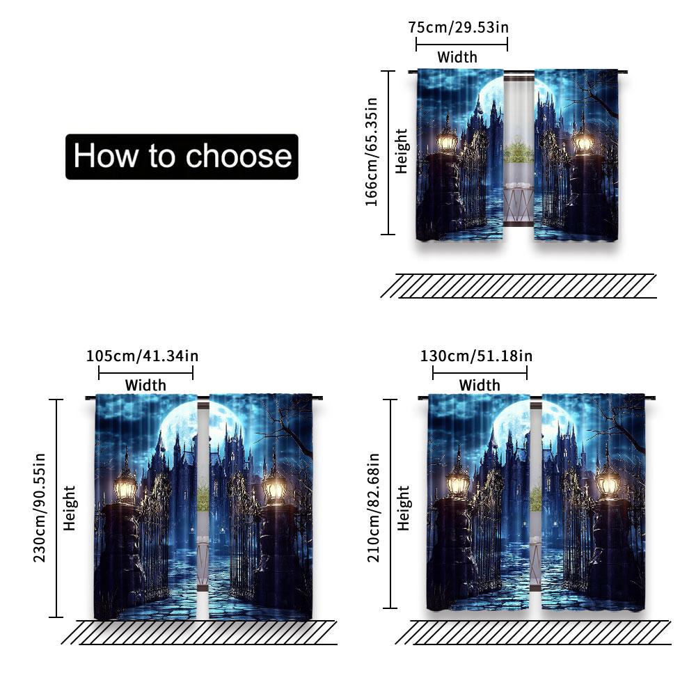 2Pcs Curtain Scary Castle Full Moon Night Spooky Gothic Horror Haunted Mansion Mysterious Magic Cool Suitable For Living Room