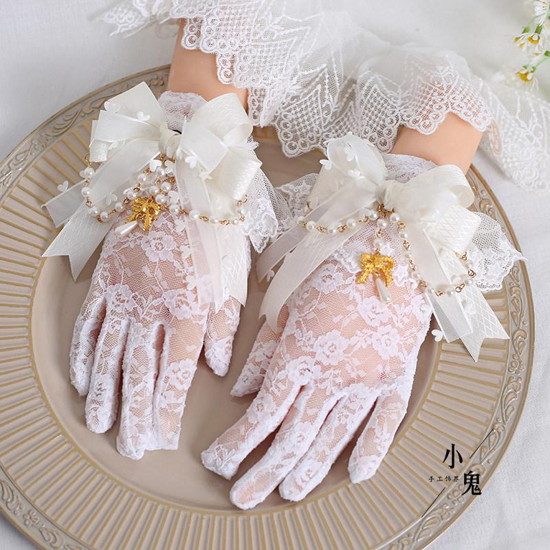 Original Design Lolita White Lace Gloves Bow Bead Chain Finger Sunscreen Gloves Vintage Elegant Lolita Gloves