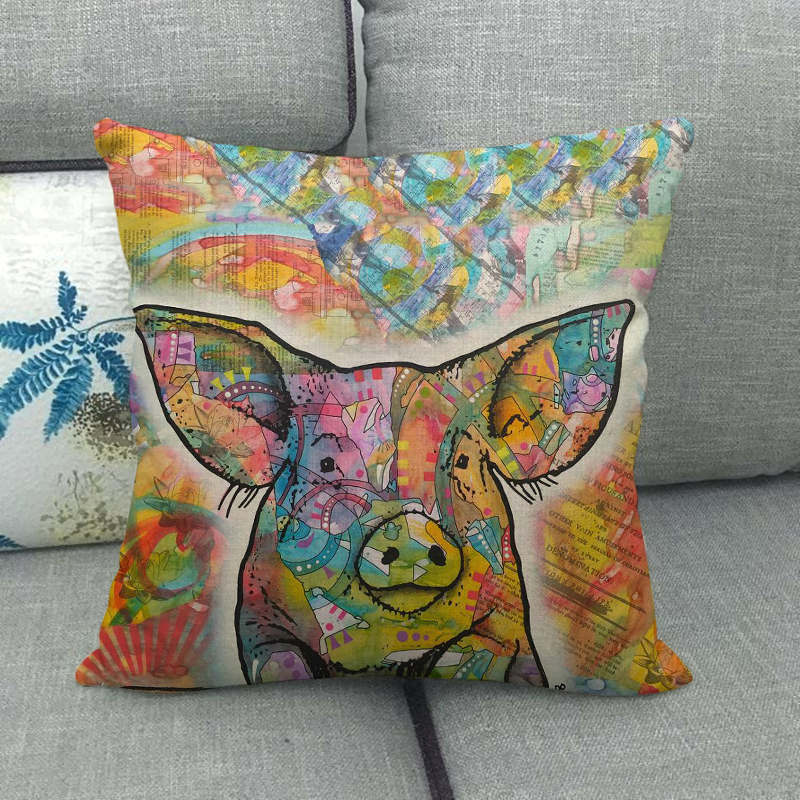 Retro Bemalte Schweine-Serie Muster Digitaldruck Kurzer Plüsch Kissenbezüge für Auto Sofa Büro Kissenbezug Heimtextilien