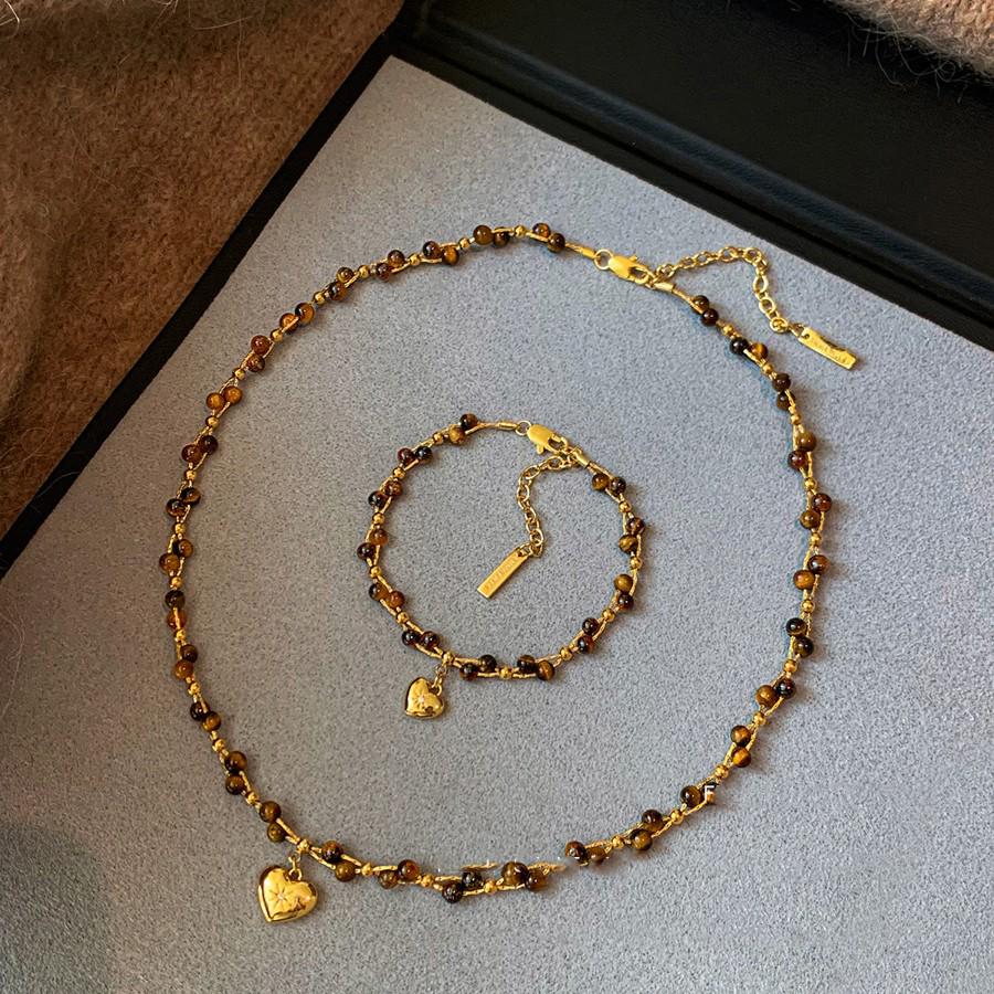 Gold-Plated Tiger Eye Beaded Necklace - Retro Y2K Clavicle Chain, High-End Versatile Jewelry