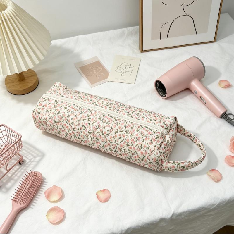 Quilted Hair Dryer Storage Bag With Cute Floral Print Portable Handle Large Capacity Carrying Case For Travel Bathroom Organizer