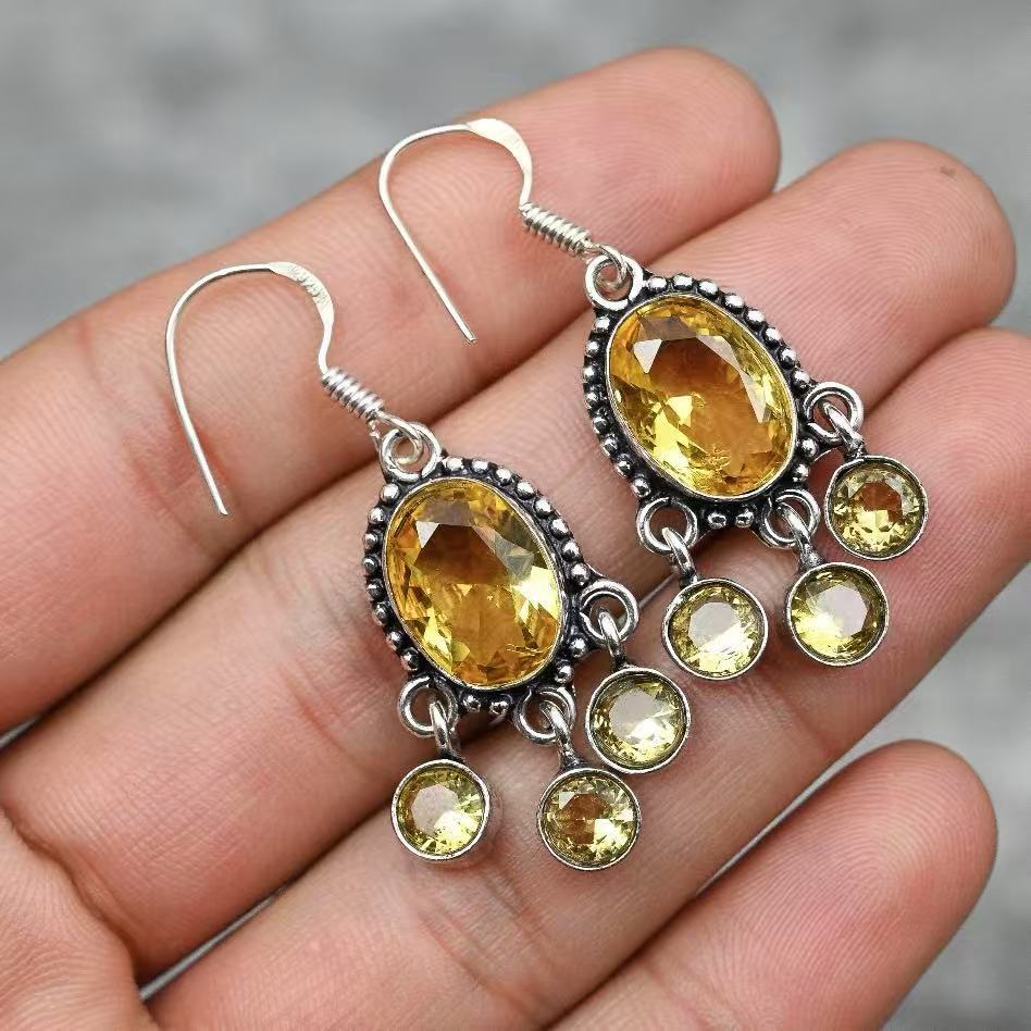 Vintage Round Inlaid Yellow Stone Earrings Geometric Creativity Silver Color Dangle Women's Earrings Jewelry
