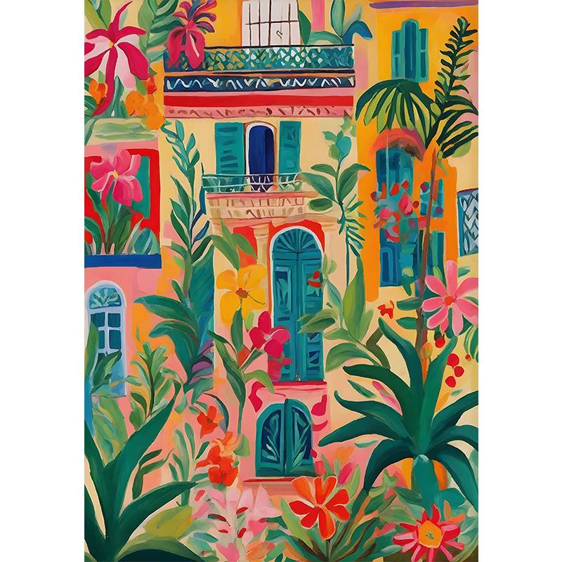 Vibrant Mexican Building Poster Colorful Floral Botanical Landscape Canvas Prints Painting Wall Art for Home Room Decor