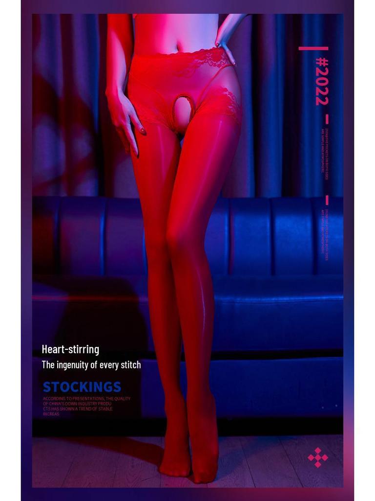 Medias de Encaje Entrepierna Abierta Negro Brillante - Medias Sexy Antidesgarro para Mujer