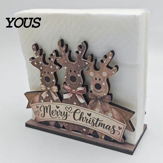 Wooden Holiday Ornament Christmas Napkin Holder for Table, Santa Snowman Reindeer Tree Cocktail Square Storage Tissue Dispenser Winter Parties,