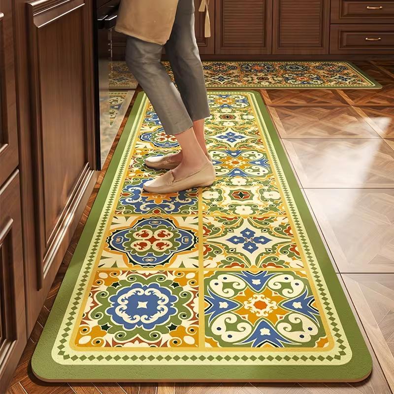 Carpet for Kithen Floor Mat PVC Leather Waterproof Non-Slip Oil-proof Carpet Retro Floral Rug Long Strip Rugs Alfombra De Cocina