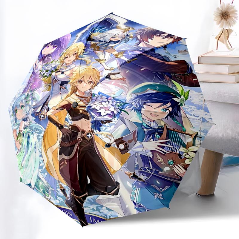 Genshin Impact characters1 Print Automatic Umbrella, 8 Rib Iron Frame, Plastic Handle, Suitable for Outdoor Travel &Daily , Ideal Gift