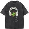 Music Forest Headset Men's Short-Sleeved  Washed T-Shirt 230g Cotton Bleached Tshirt Tops Fashion Loose Bleach T shirt
