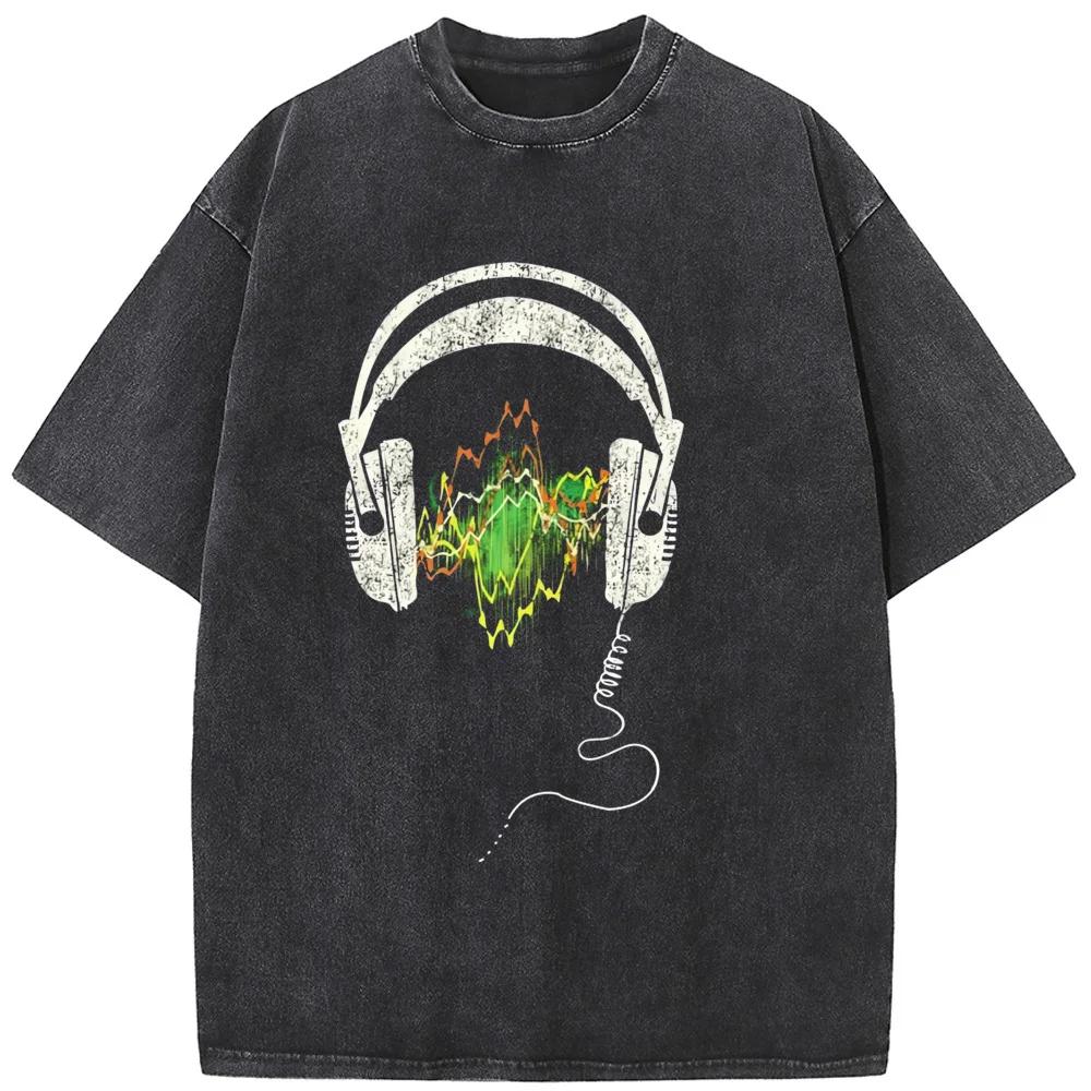 Music Forest Headset Men's Short-Sleeved Washed T-Shirt 230g Cotton Bleached Tshirt Tops Fashion Loose Bleach T shirt