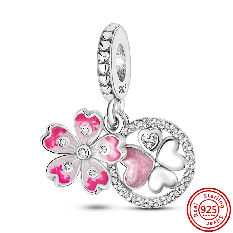 Nytt 925 Sterling koppar Grön Zirkon Fyrklöver Hjärta Hänge Lyckobringande Pärlor Passar Original Pantaro Berlockarmband DIY Zirkon