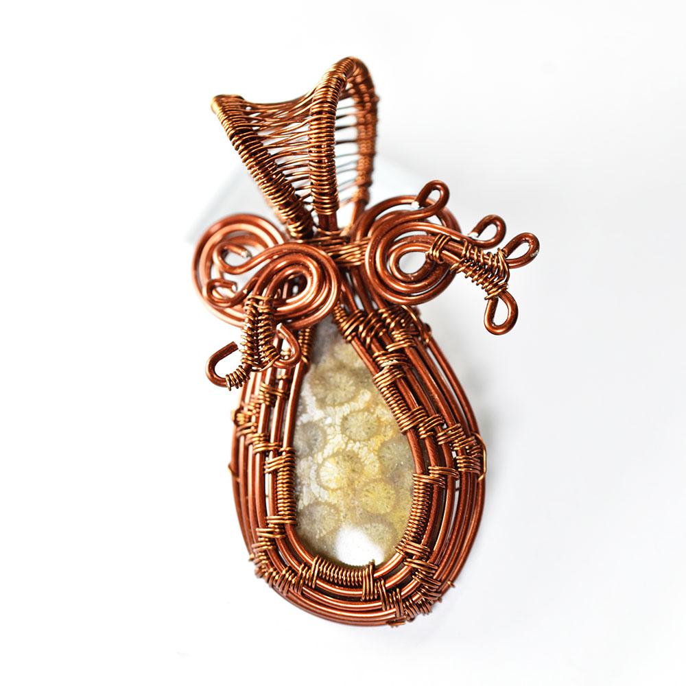 Natural Coral Pendant 89.7 Ct Fossil Copper Wire Wrapped Oval Shape Gemstone Jewelry Gift