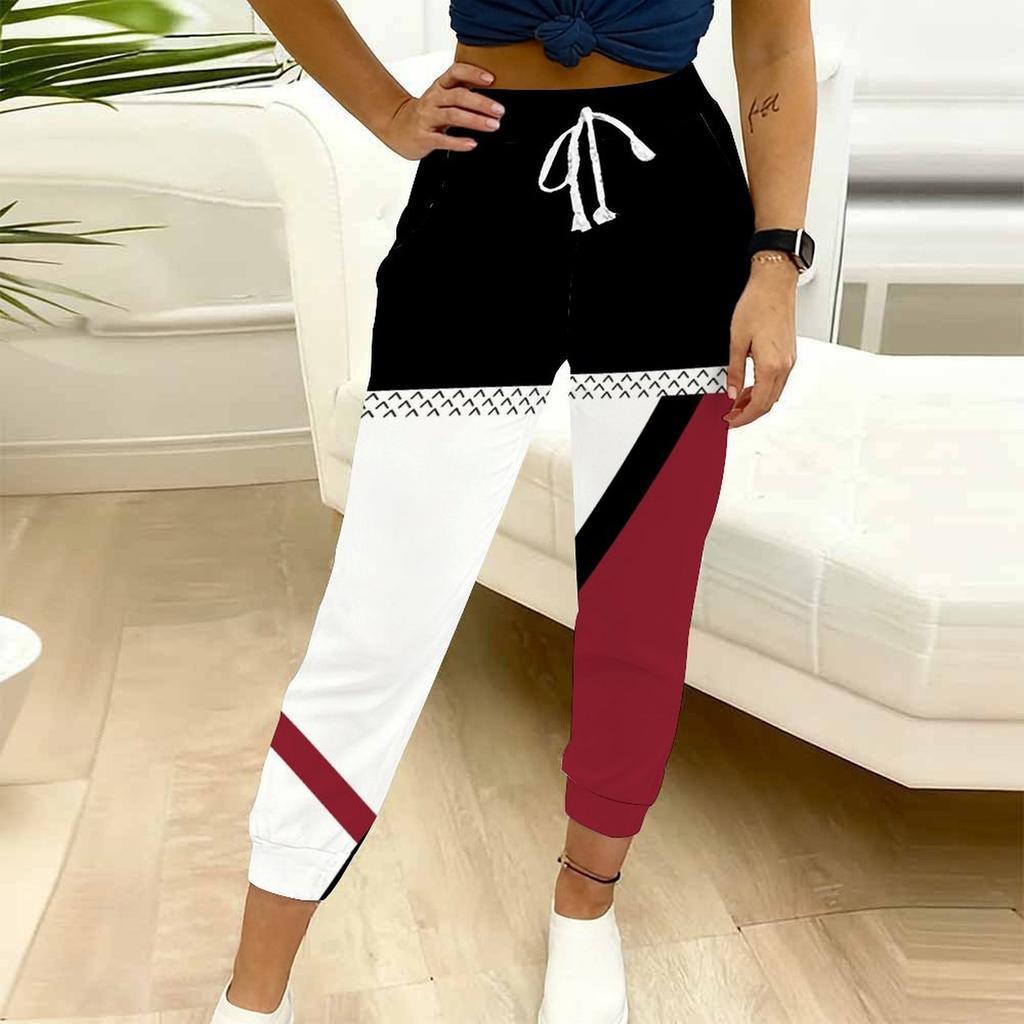 Summer Ladies Striper Printed Sweatpants Loose Fit Drawstring Joggers Elastic Cuff Daily Casual Pants
