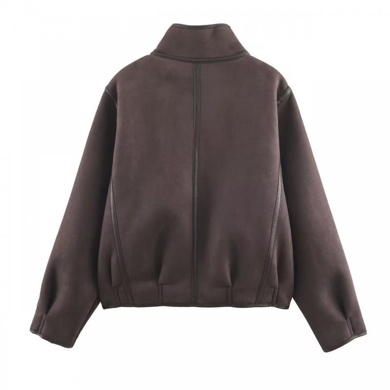Womens Trendy Patchwork Stand Collar Reversible Loose Jacket Coat