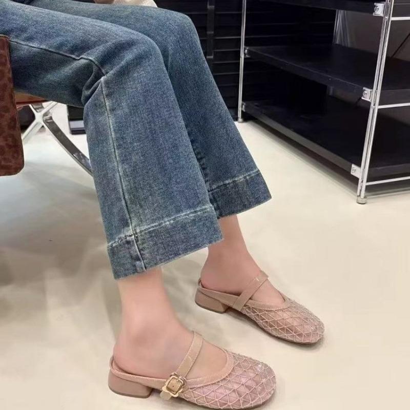 Fashion Spring New Baotou Slippers Women's Fashion Round Head Shallow Mouth Mesh Cloth Breathable One Word Belt Mid-heel Sandals