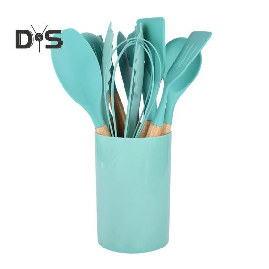 12Pcs Silicone Kitchenware Set Turner Spatula Spoon Non-Stick Heat Resistant Cooking Utensils with Wooden Handles Storage Bucket for All Cookware