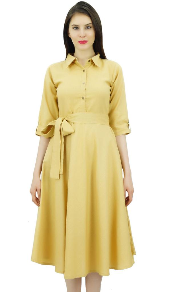 Bimba Women's 3 4 Sleeve Linen Collar Neck Solid Flared Shirt Dress with Side