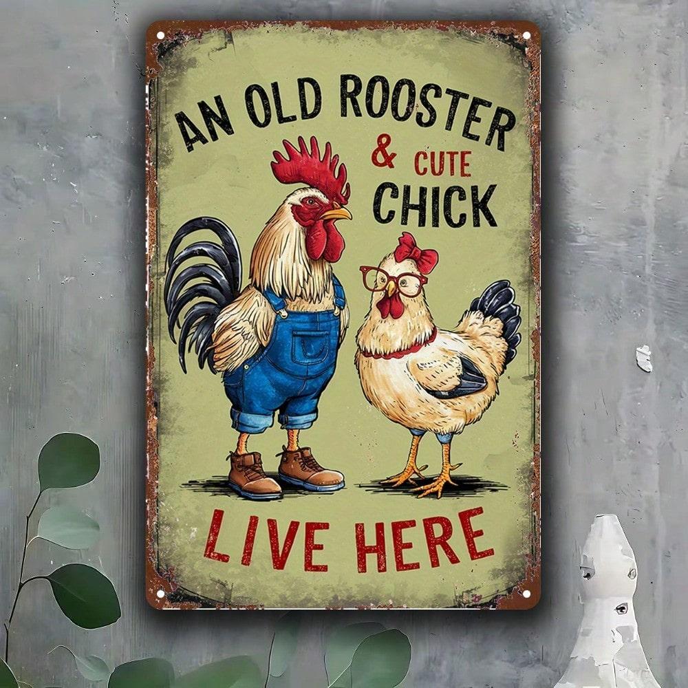 Rustic Chicken Metal Wall Art Sign - 8x12 Inch Vintage Rooster & Hen Iron Plaque, Weather-Resistant Indoor Decor