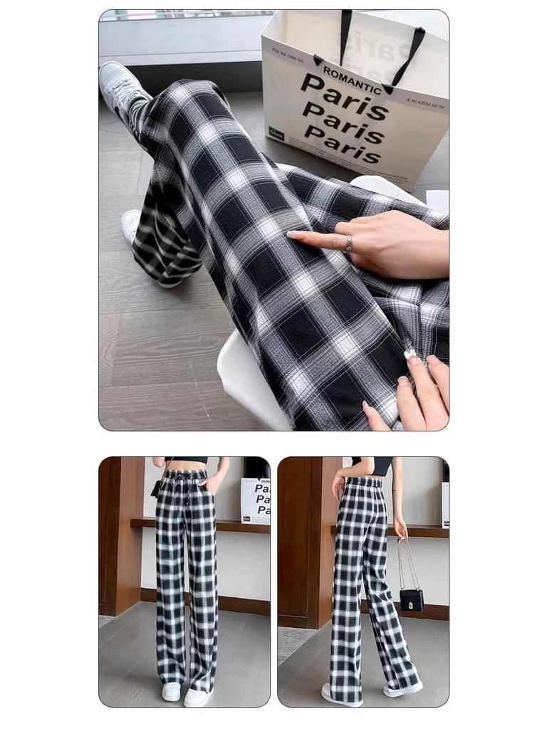 Women's High-Waist Plaid Wide-Leg Drape Pants - Black/White
