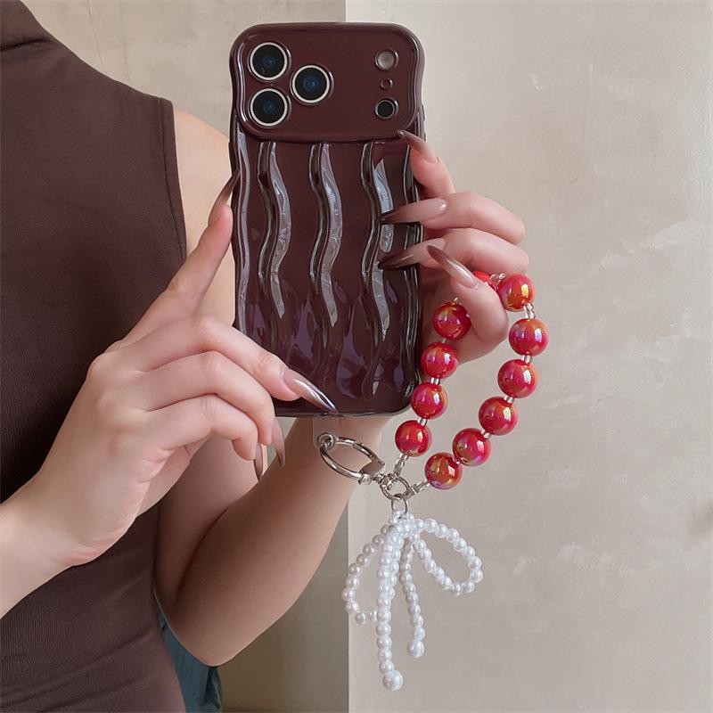 3D Wave Pattern Soft Shell Phone Case with Bracelet for iPhone 17 Pro Max/Apple 16 Solid Color