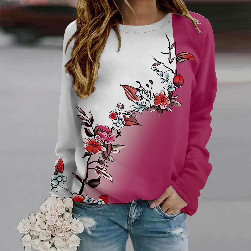 Jesień Jesień Moda Damska Okrągły Dekolt Długi Rękaw T-shirt Luźne Ubrania Błyszczący Nadruk Kwiatu Wachlarzowego T-shirt Dla Dziewczyn Ulica