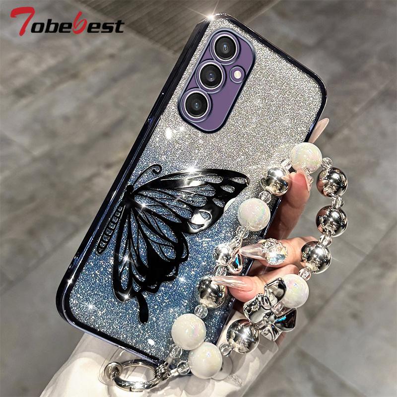 Laser Butterfly Glitter Plating Bracelet Case For Samsung Galaxy A17 A07 A16 A26 A36 A56 A06 A15 A25 A35 A55 A14 A24 A34 A54 5G