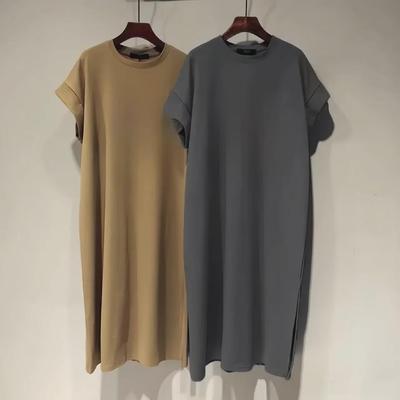Kurzärmliges, mittellanges T-Shirt-Kleid für den Sommer für Damen – lässiger Overknee-Rock aus reiner Baumwolle, Übergrößenmode