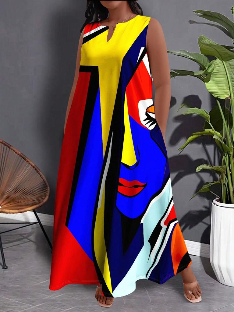 Plus Size African Impressionist Gold Leopard Sleeveless Long Dress