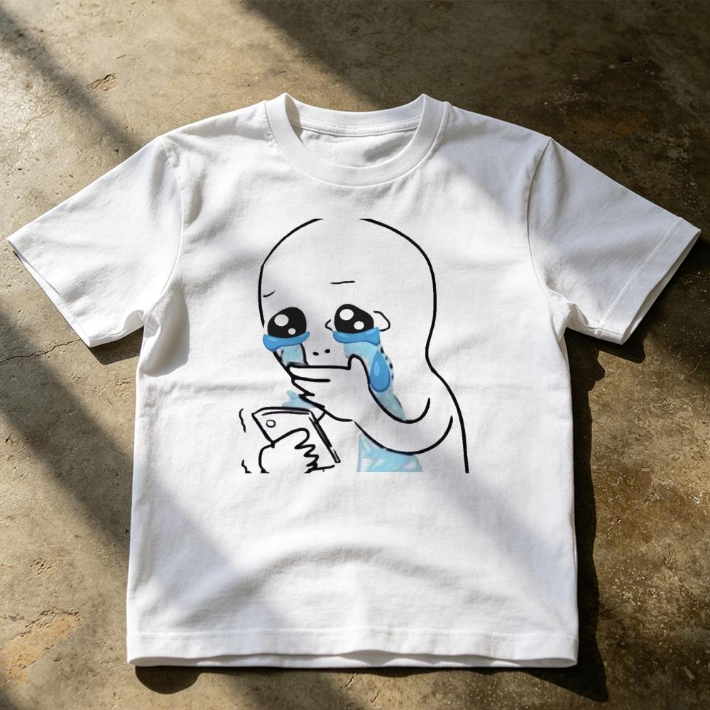 Sad Meme Crying Holding Phone Graphic T ShirtEmo Funny Cartoon Character Tee Summer Casual Short Sleeve Top