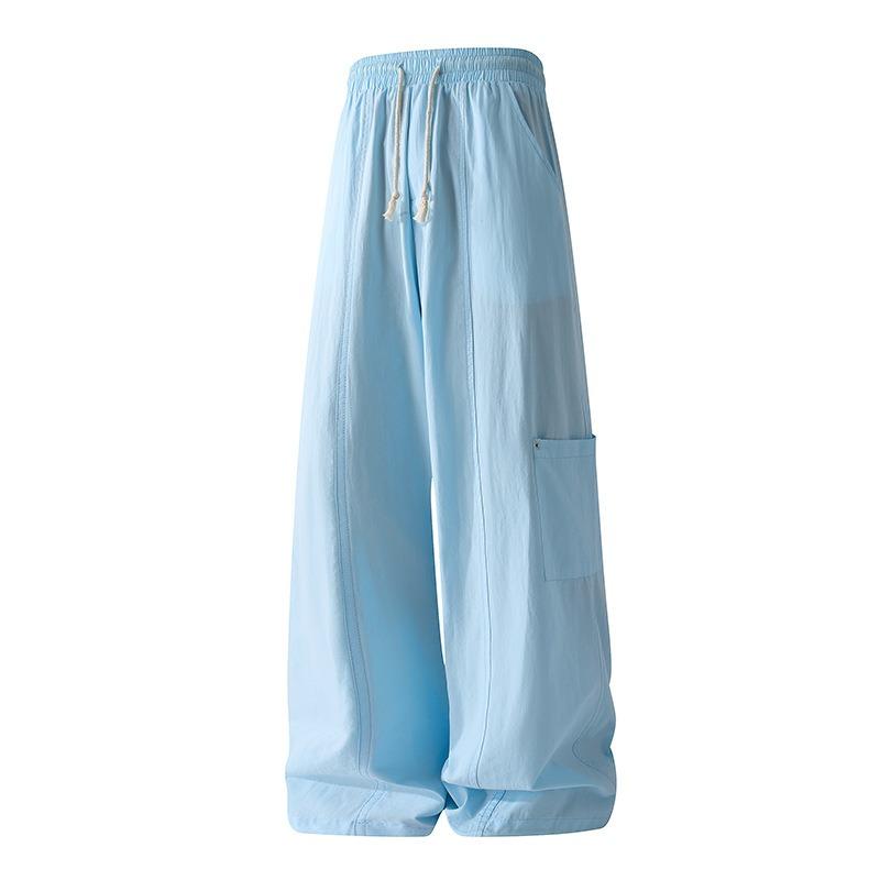 Summer Men's Cargo Wide Leg Pants Drawstring Elastic Waist Baggy Trousers