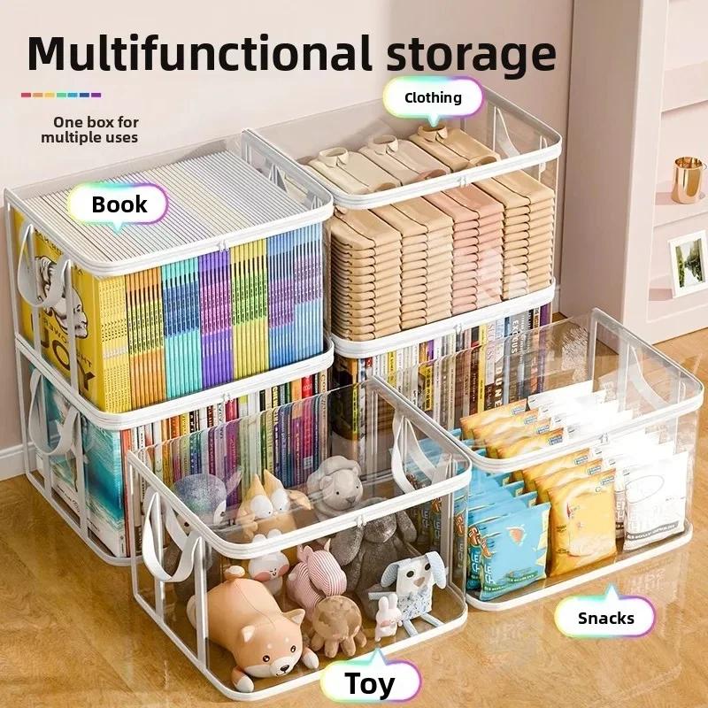 Space Saving Clear Transparent Book Storage Organizer with Sturdy Zipper Comfortable Handles for Bedroom Closet Storage
