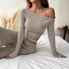 Women Outfit Set Spring Ribbed Women's Tracksuit Classic Two Piece Set Long Sleeve Ribbed Off Shoulder Top Wide Leg Pants