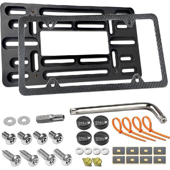 Aootf Front License Plate Bracket- Universal Bumper Mounting Kit, Car Tag Holder Adapter & Black Aluminum Plate Cover, Anti-Theft Lock Screw Bolt