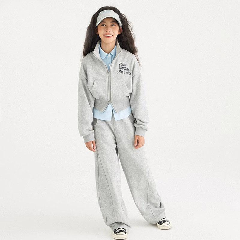 

Весенне-осенний повседневный свитшот на молнии с воротником-стойкой и спортивный костюм для девочек 120 серый