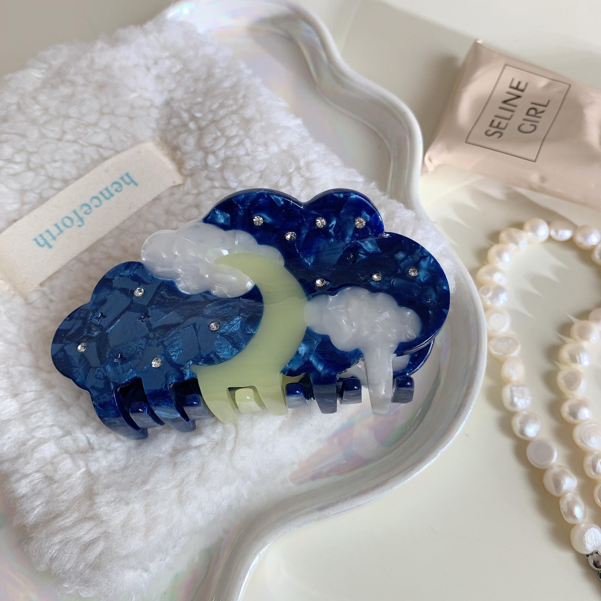 

1 шт. Темно-синий акриловый зажим-краб с облаком, луной и стразами, женский зажим-акула среднего размера для задней части головы, универсальная заколка для волос